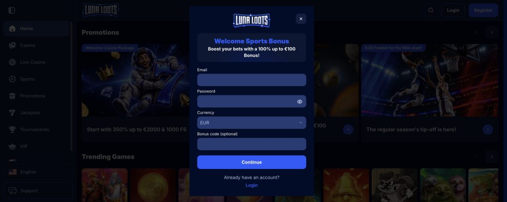 Lunaloots Casino reģistraĢcija